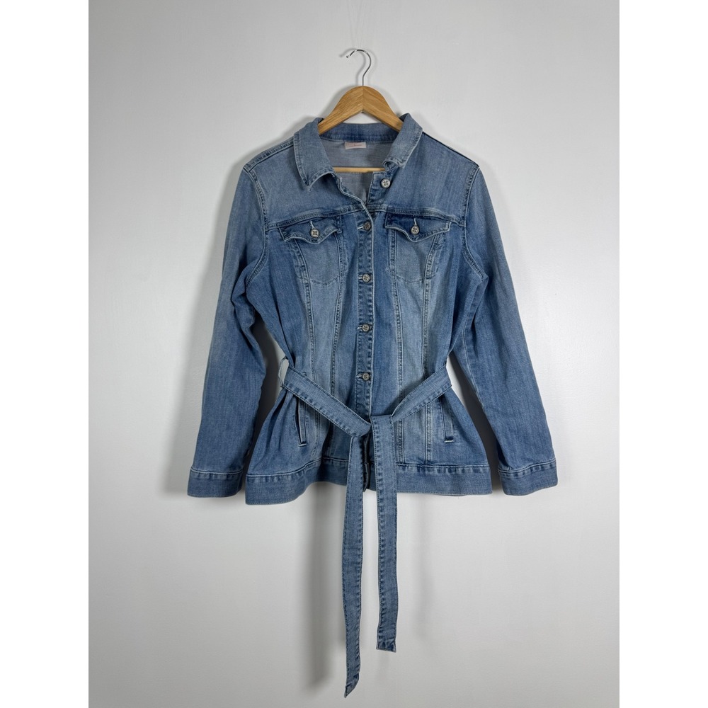 Classic Laurie Felt Women Large Belted Denim Jacket Blue Medium Wash Stretch